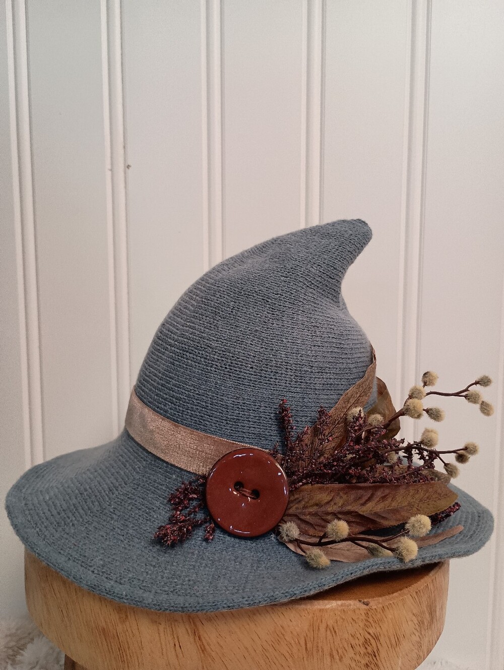 Fun! - Blue Pointed Brim Decorative Felt Hat with Ribbon & Button- Size 23-24